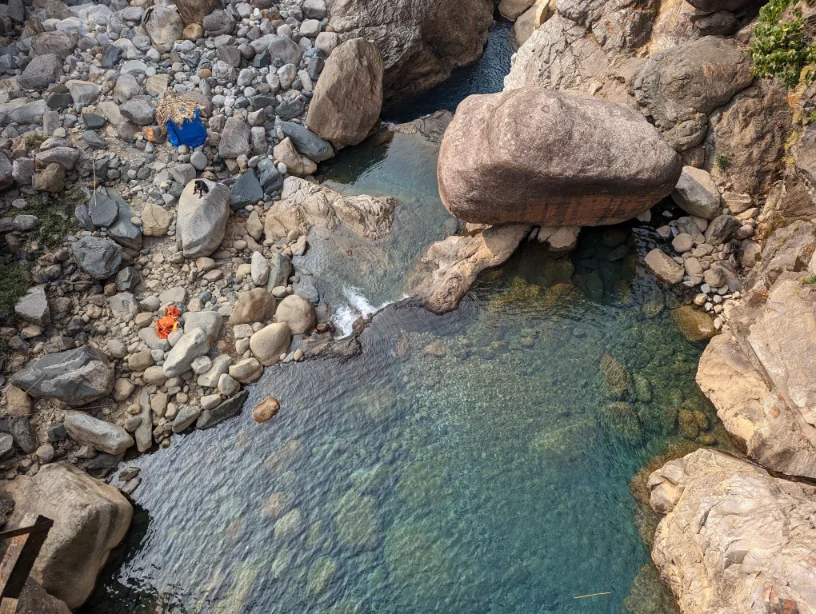 Blue water near river rocks