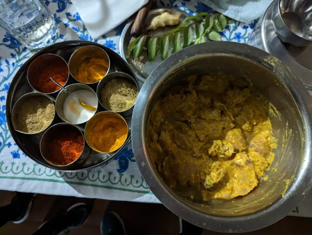 Arrangement of spices and marinated chicken