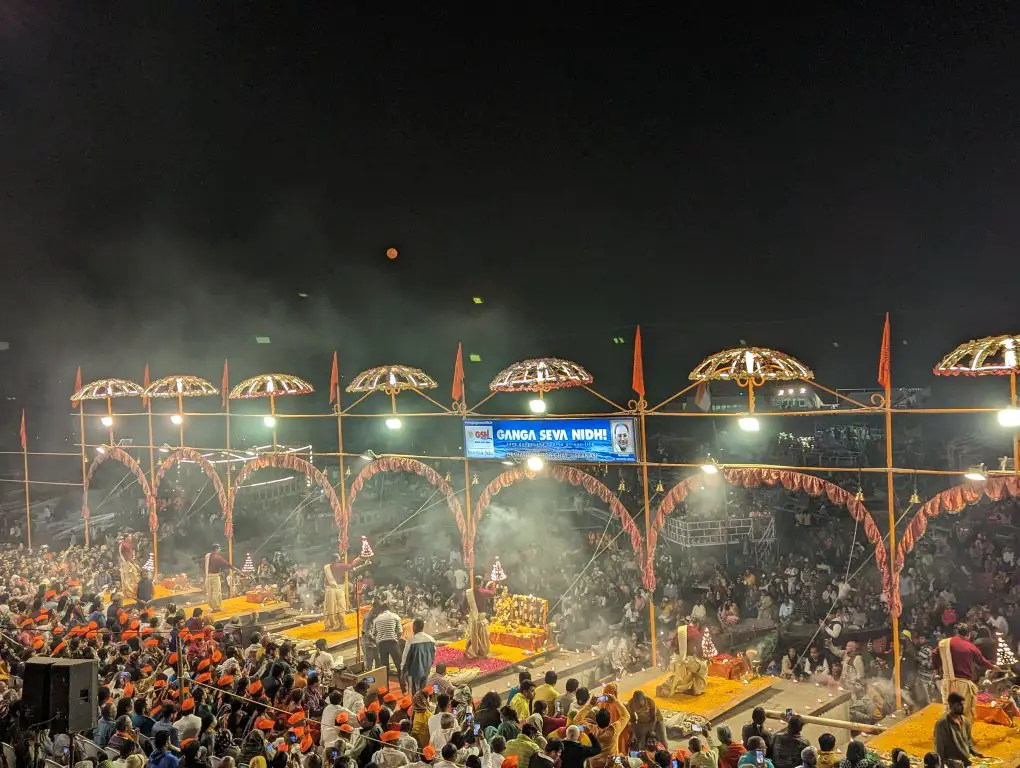 The 7 priests at evening prayer in Varanasi, the Ganges River