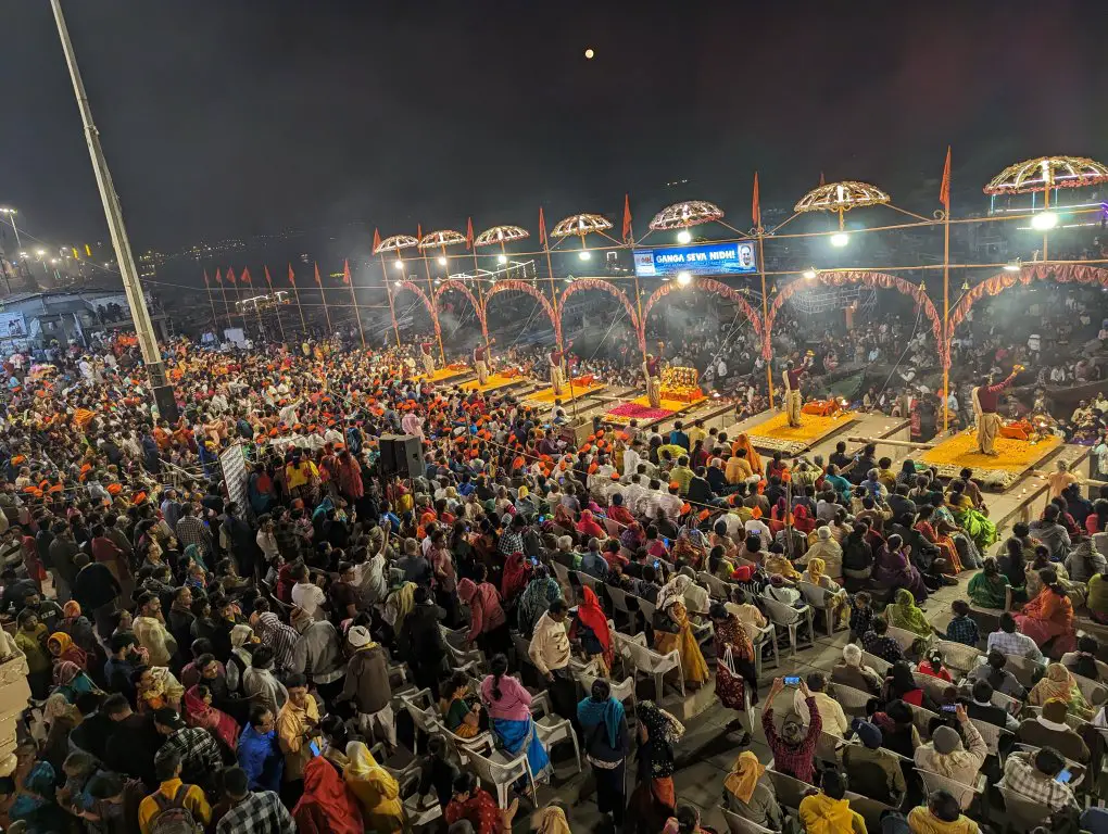 Huge crowd at evening prayer in Varanasi, the Ganges River
