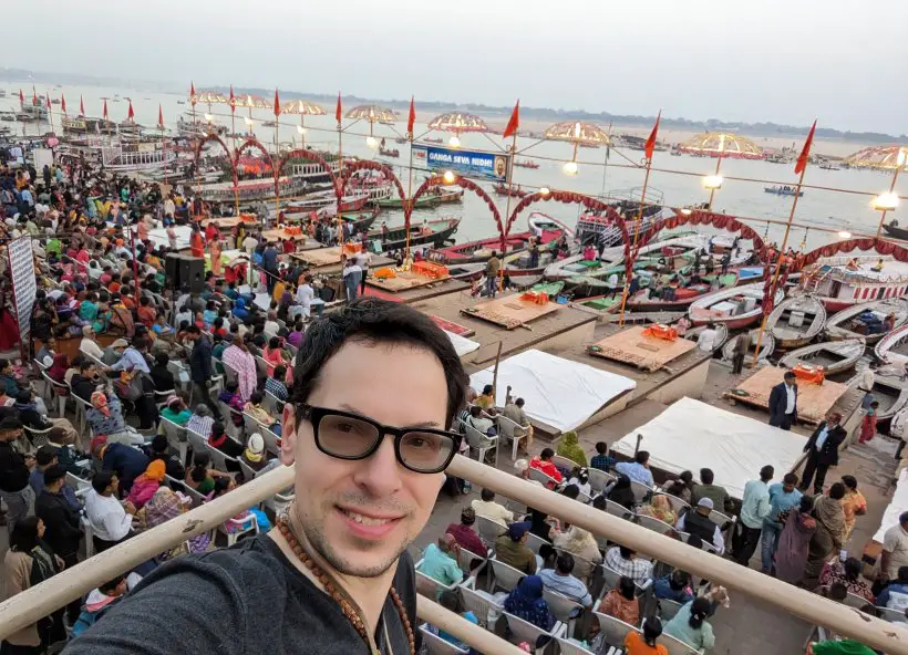 Adam at evening prayer in Varanasi, the Ganges River